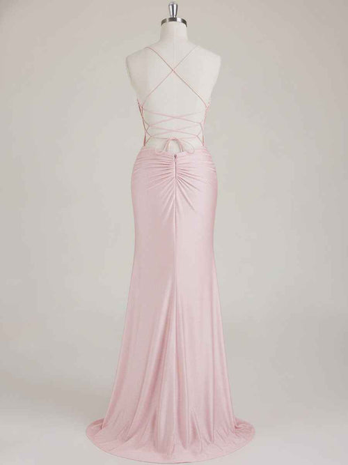 Mermaid Spaghetti Straps V-Neck Sequins Prom Dress with Slit