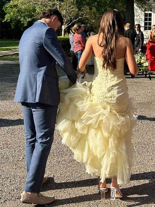 Mermaid Strapless Appliques Ruffles Hem Long Prom Dress BMBRIDE
