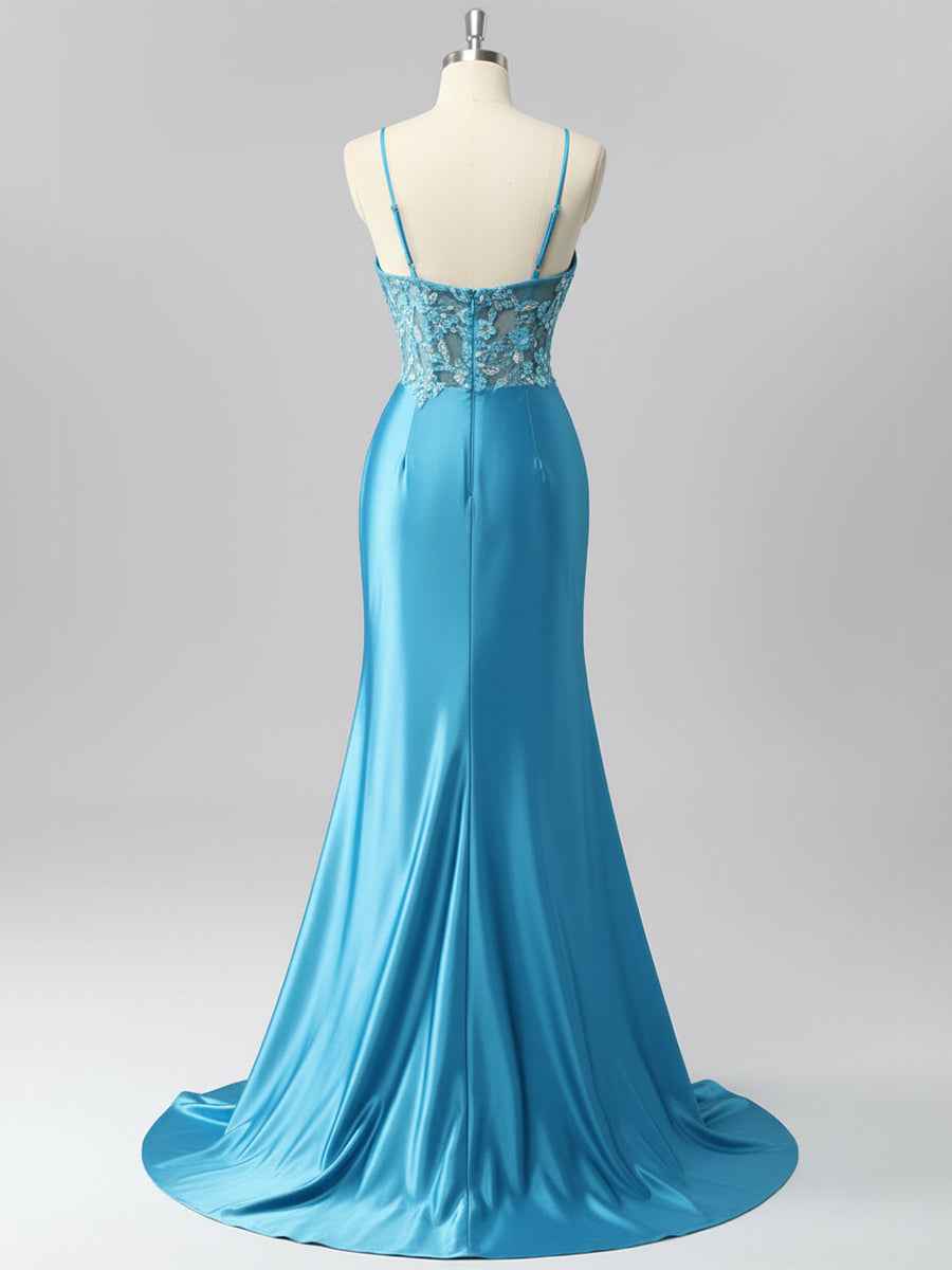 Mermaid Sweetheart Sequins Tie Back Corset Long Prom Dress with Slit