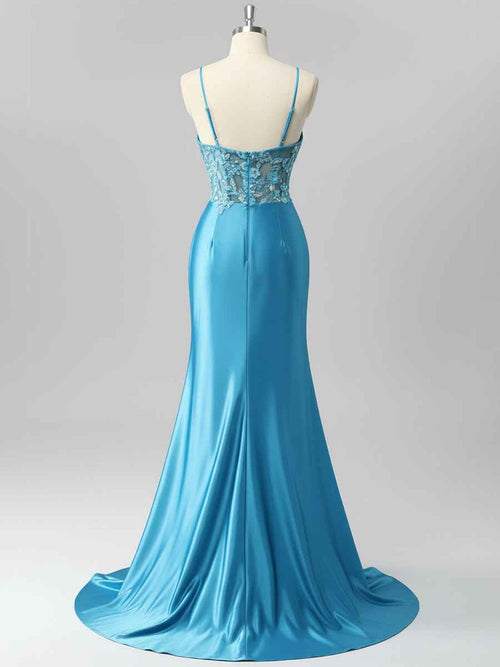 Mermaid Sweetheart Sequins Tie Back Corset Long Prom Dress with Slit BMBRIDE