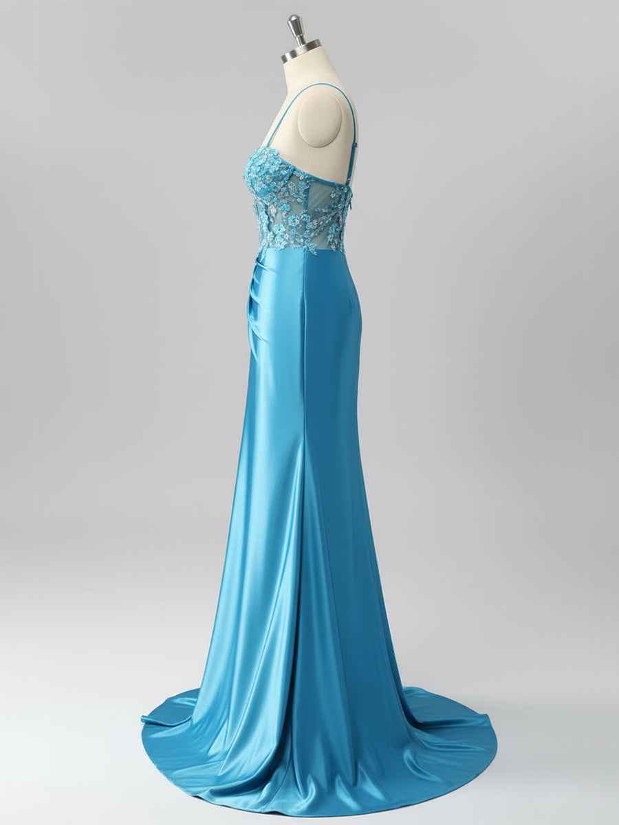 Mermaid Sweetheart Sequins Tie Back Corset Long Prom Dress with Slit