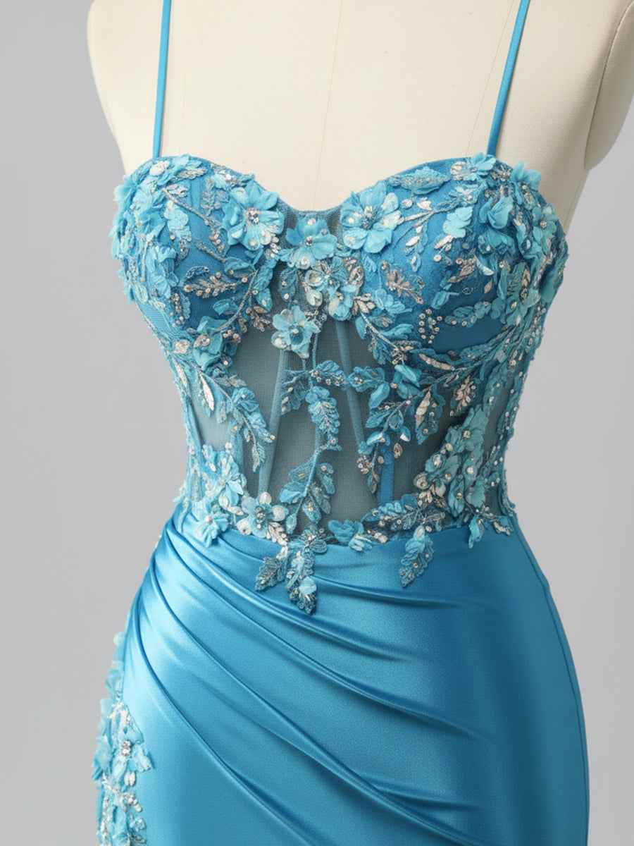 Mermaid Sweetheart Sequins Tie Back Corset Long Prom Dress with Slit