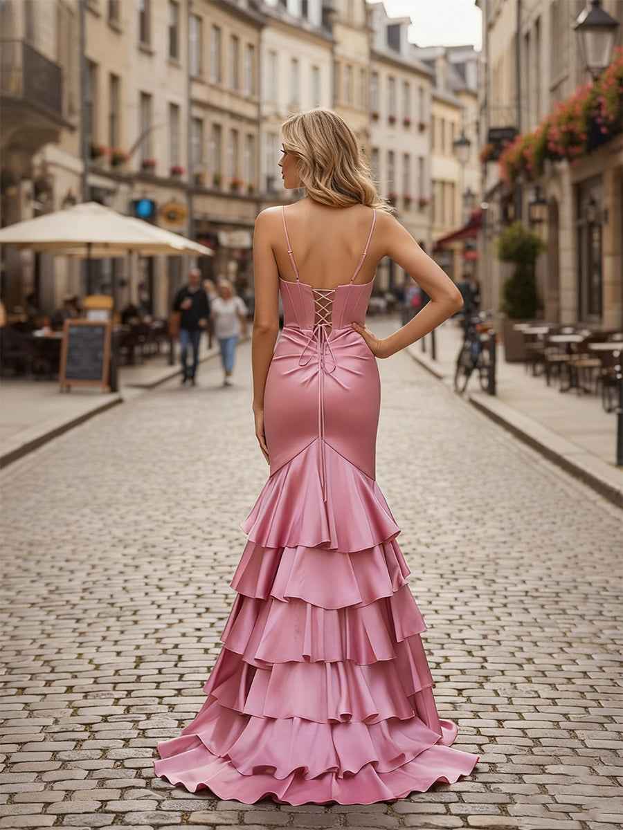 Mermaid V Neck Satin Fitted Ruffle Prom Dress with Slit
