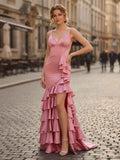 Mermaid V Neck Satin Fitted Ruffle Prom Dress with Slit
