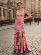 Mermaid V Neck Satin Fitted Ruffle Prom Dress with Slit