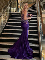 Mermaid V Neck Satin Long Prom Dress with Appliques