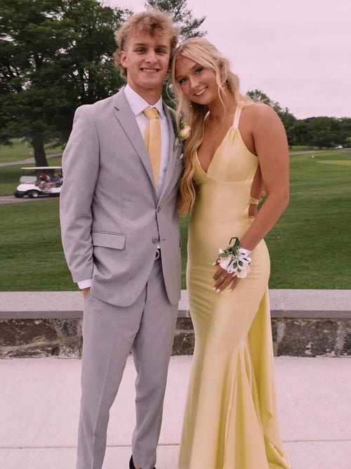 Mermaid V Neck Satin Long Prom Dress with Cross Back BMBRIDE