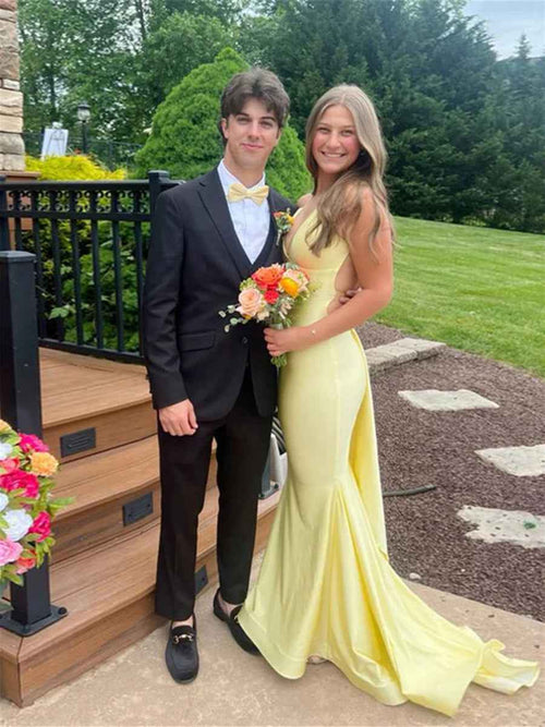Mermaid V Neck Satin Long Prom Dress with Cross Back BMBRIDE