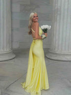 Mermaid V Neck Satin Long Prom Dress with Cross Back