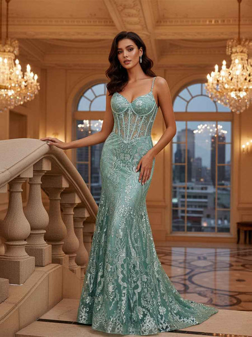 Mermaid V Neck Sheer-Corset Long Glitter-Print Prom Dress BMBRIDE