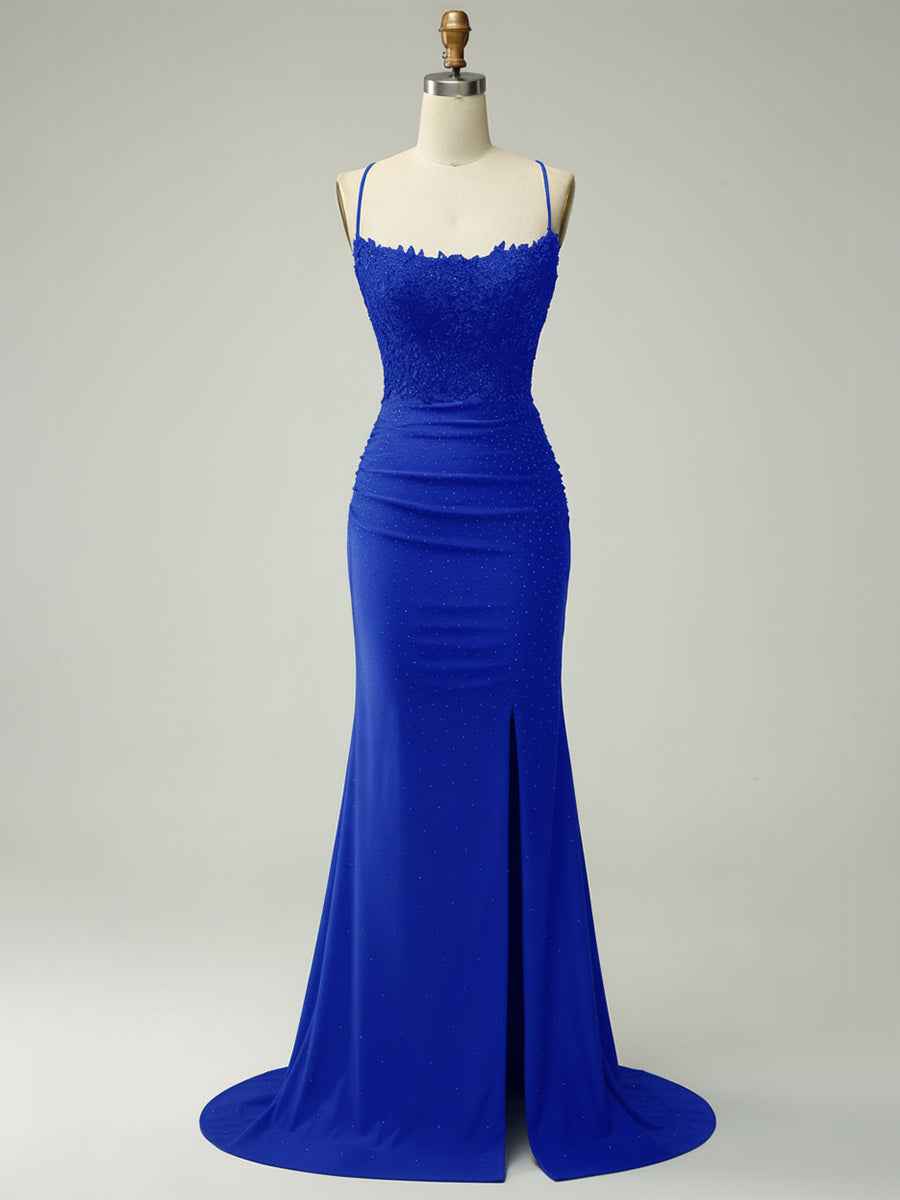 Mermaid Halter Beaded Long Prom Dress with Appliques and Slit