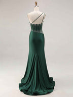 Mermaid One Shoulder Corset Long Prom Dress With Beading