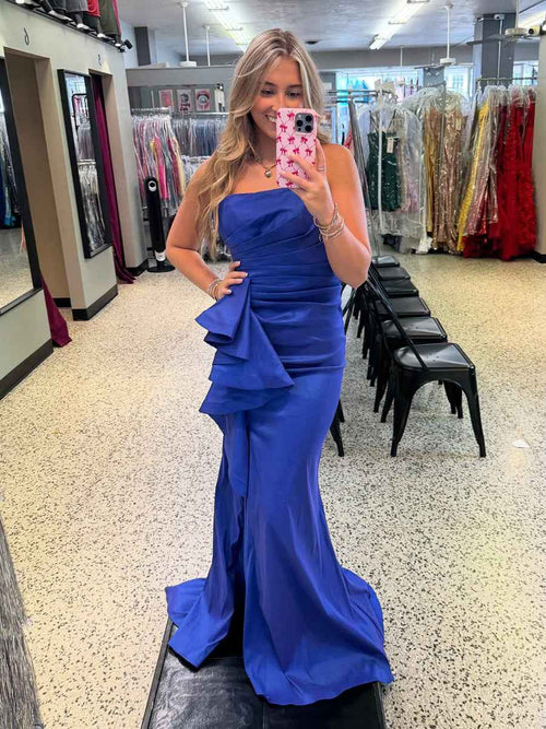Mermaid Strapless Pleated Long Prom Dress with Slit BMBRIDE