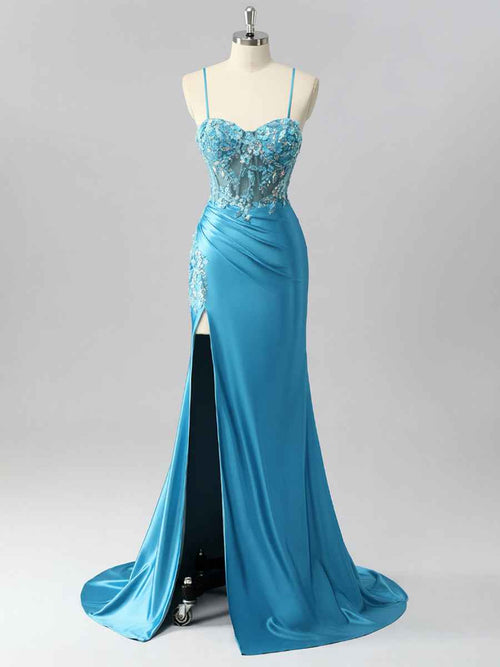 Mermaid Sweetheart Sequins Tie Back Corset Long Prom Dress with Slit BMBRIDE