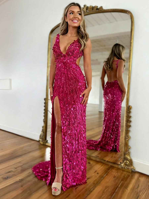Mermaid V-Neck Backless Long Tight Sequin Prom Dress BMBRIDE