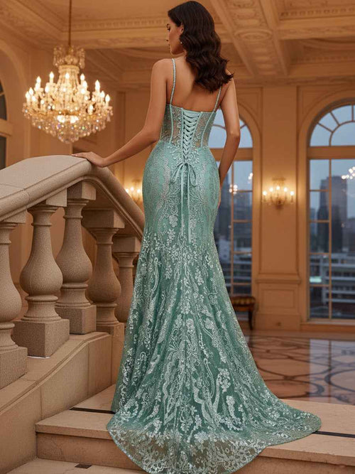 Mermaid V Neck Sheer-Corset Long Glitter-Print Prom Dress BMBRIDE