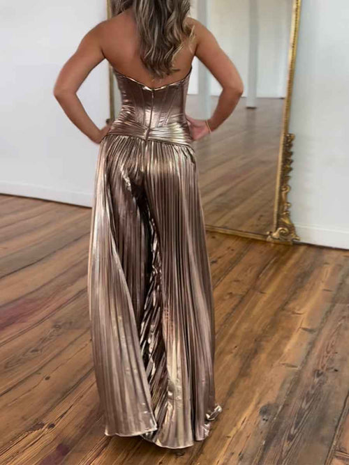 Metallic Bronze Pleated Strapless Corset Long Prom Dress with Slit BMBRIDE