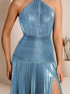Metallic Olive Green Pleated Halter Prom Dress with High Slit