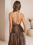 Metallic Olive Green Pleated Halter Prom Dress with High Slit