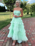 Mint Green A-Line Strapless Scoop Neck Tiered Tulle Prom Dress