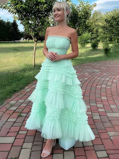 Mint Green A-Line Strapless Scoop Neck Tiered Tulle Prom Dress BMBRIDE
