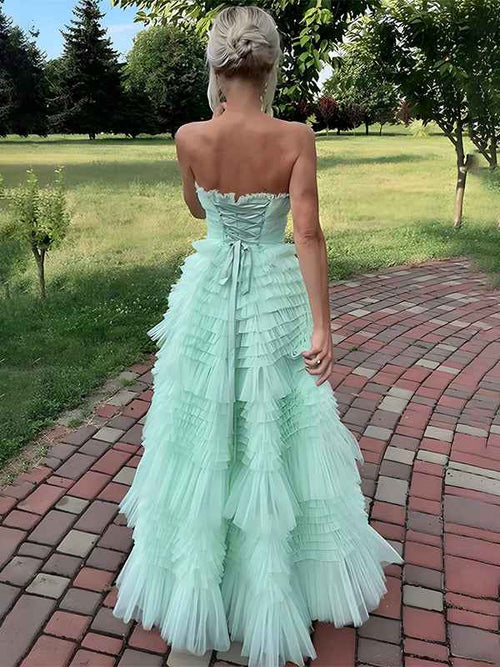 Mint Green A-Line Strapless Scoop Neck Tiered Tulle Prom Dress BMBRIDE