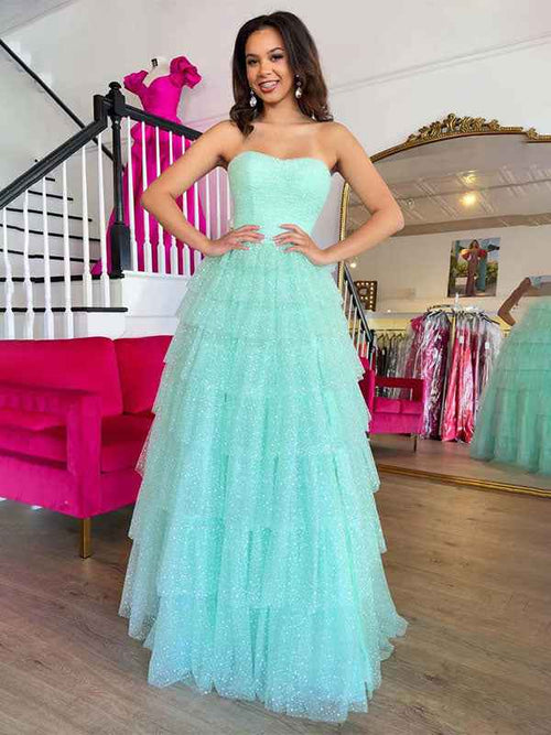 Mint Green A Line Straplesss Tulle Tiered Prom Dress BMBRIDE