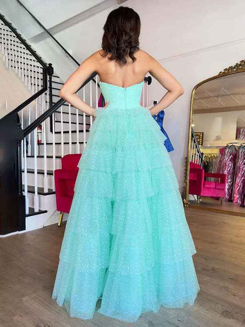 Mint Green A Line Straplesss Tulle Tiered Prom Dress BMBRIDE
