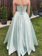 Mint Green Strapless Shimmer Corset A-Line Long Prom Dress