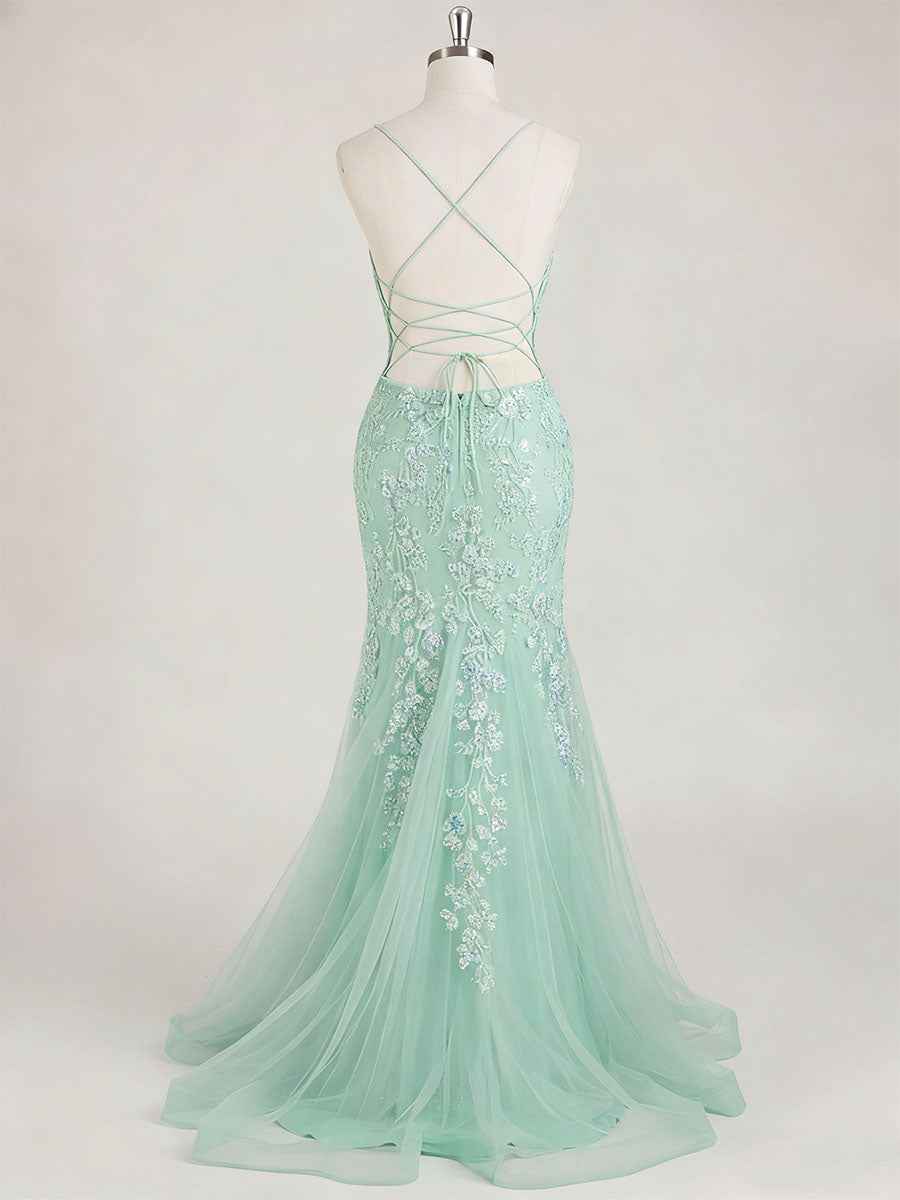 Mint Green V-Neck Mermaid Prom Dress with Floral Sequin Appliqu¡§|