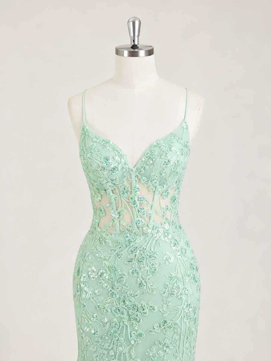 Mint Green V-Neck Mermaid Prom Dress with Floral Sequin Appliqu¡§|