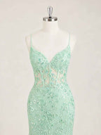 Mint Green V-Neck Mermaid Prom Dress with Floral Sequin Appliqu¡§|