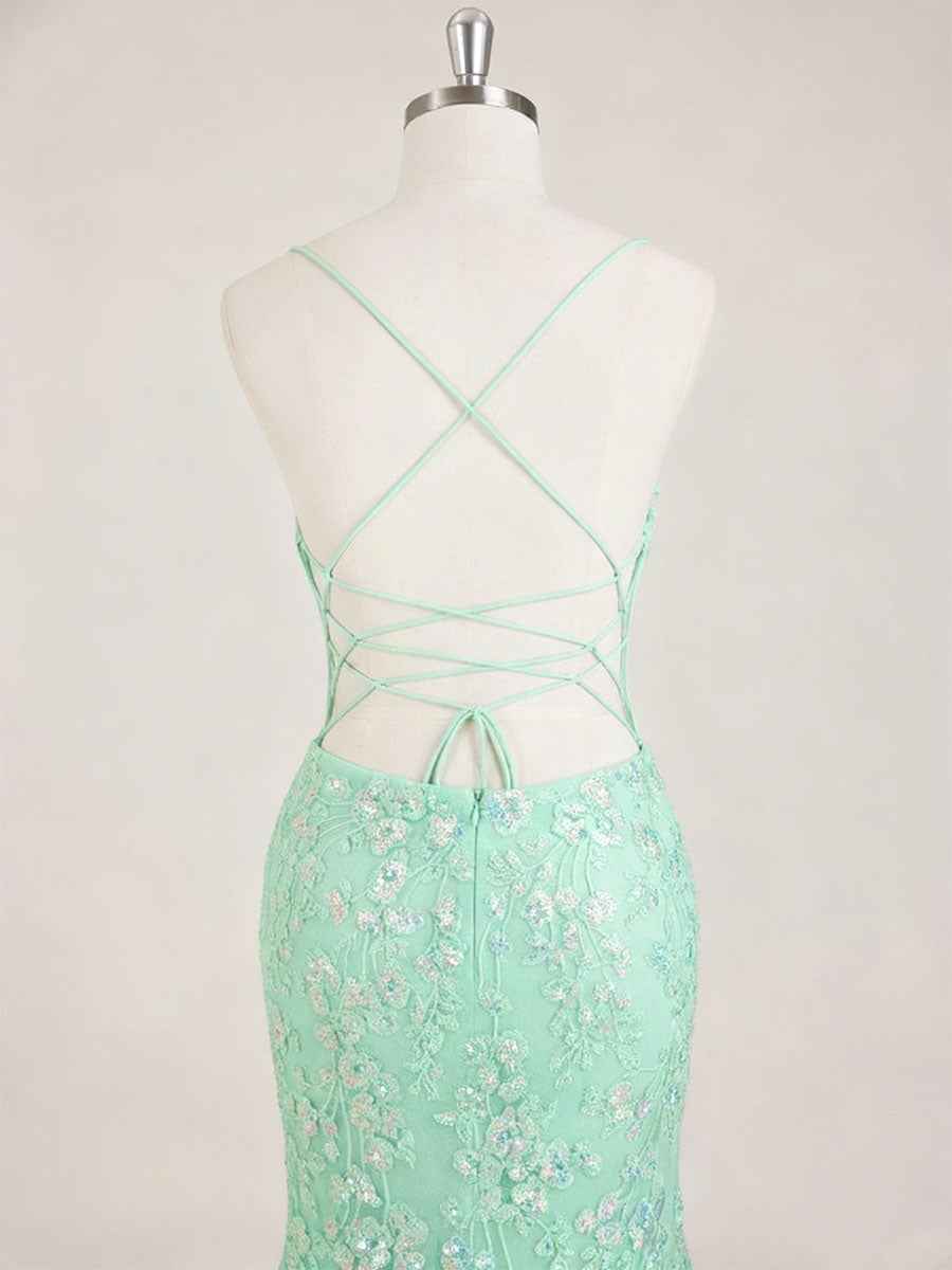 Mint Green V-Neck Mermaid Prom Dress with Floral Sequin Appliqu¡§|