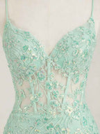 Mint Green V-Neck Mermaid Prom Dress with Floral Sequin Appliqu¡§|