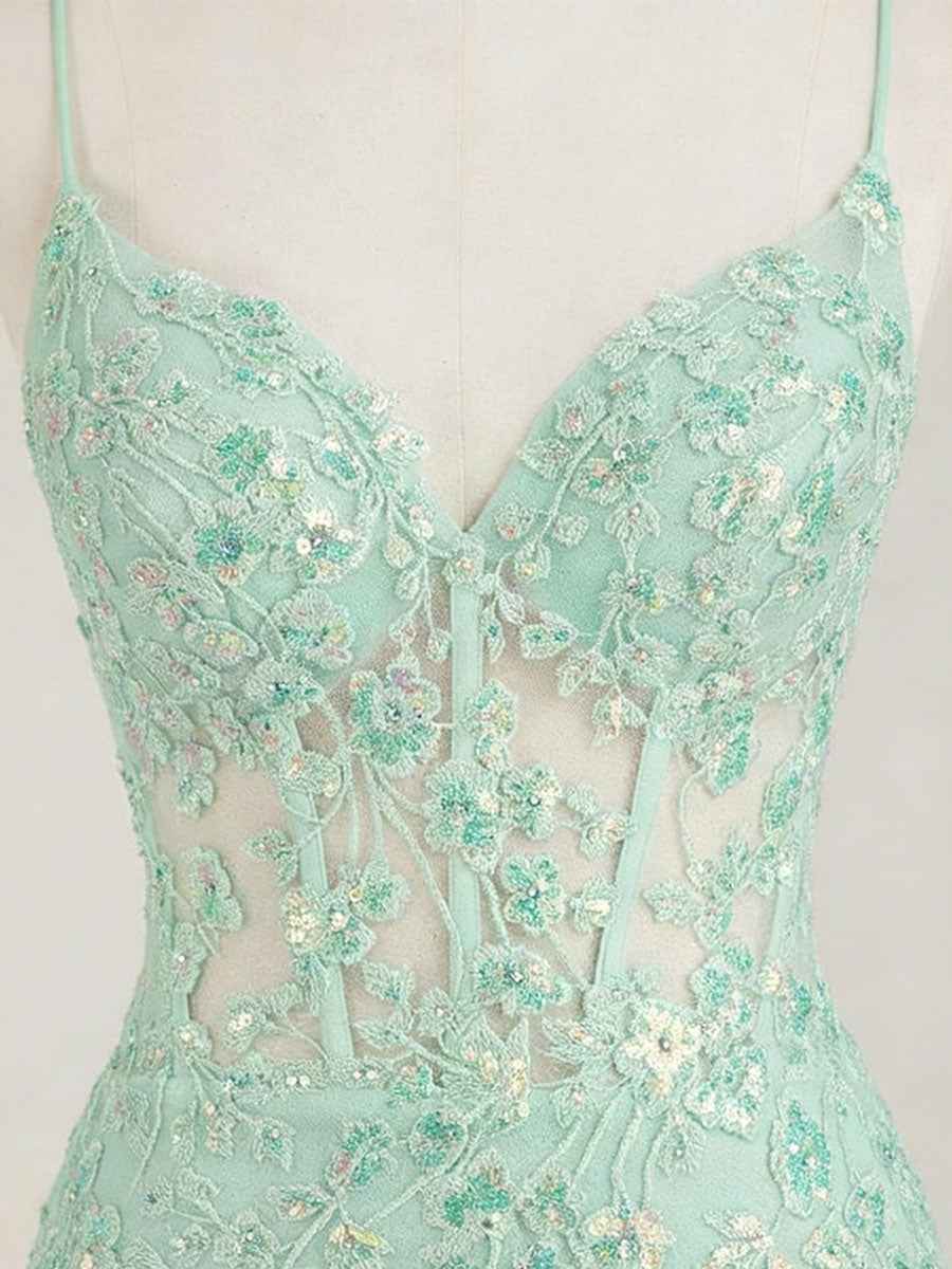 Mint Green V-Neck Mermaid Prom Dress with Floral Sequin Appliqu¡§|