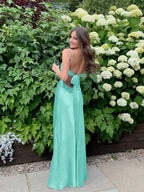 Blue A Line V-neck Beaded Back Tie Long Prom Dress