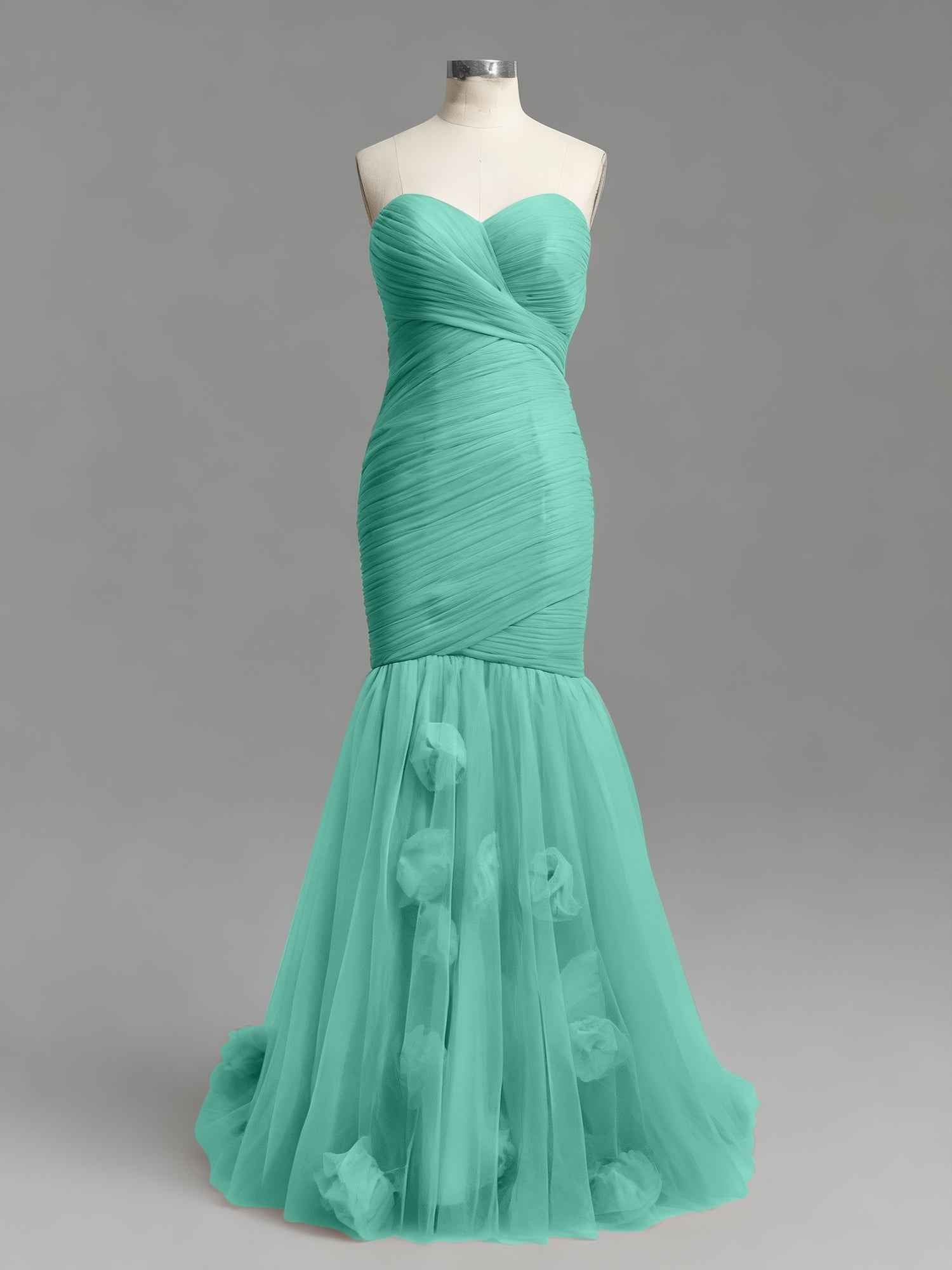 Dusty Rose Mermaid Strapless Ruched Tulle Prom Dress with 3D Floral