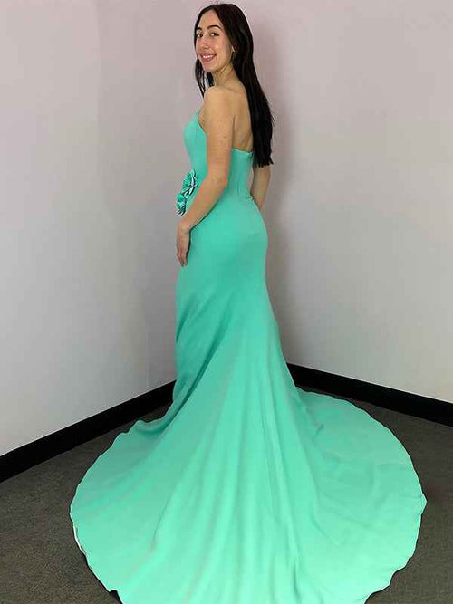Mint Green Mermaid Strapless Satin Long Prom Dress with Slit BMBRIDE