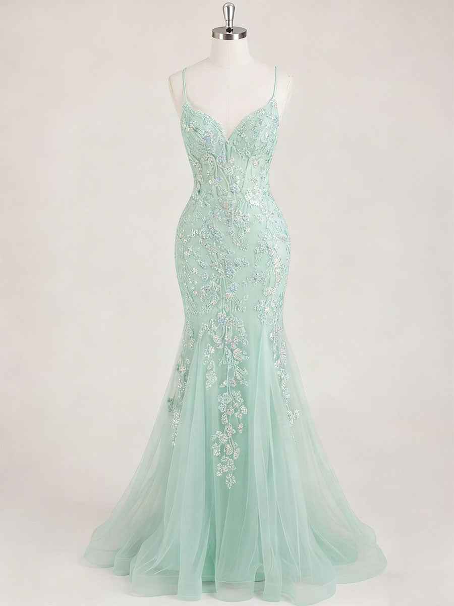 Mint Green V-Neck Mermaid Prom Dress with Floral Sequin Appliqu¡§|