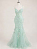 Mint Green V-Neck Mermaid Prom Dress with Floral Sequin Appliqu¡§|