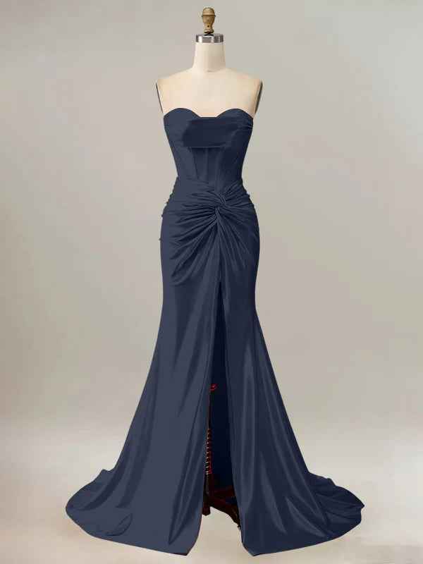 Royal Blue Mermaid Strapless Sweetheart Corset Long Prom Dress with Slit
