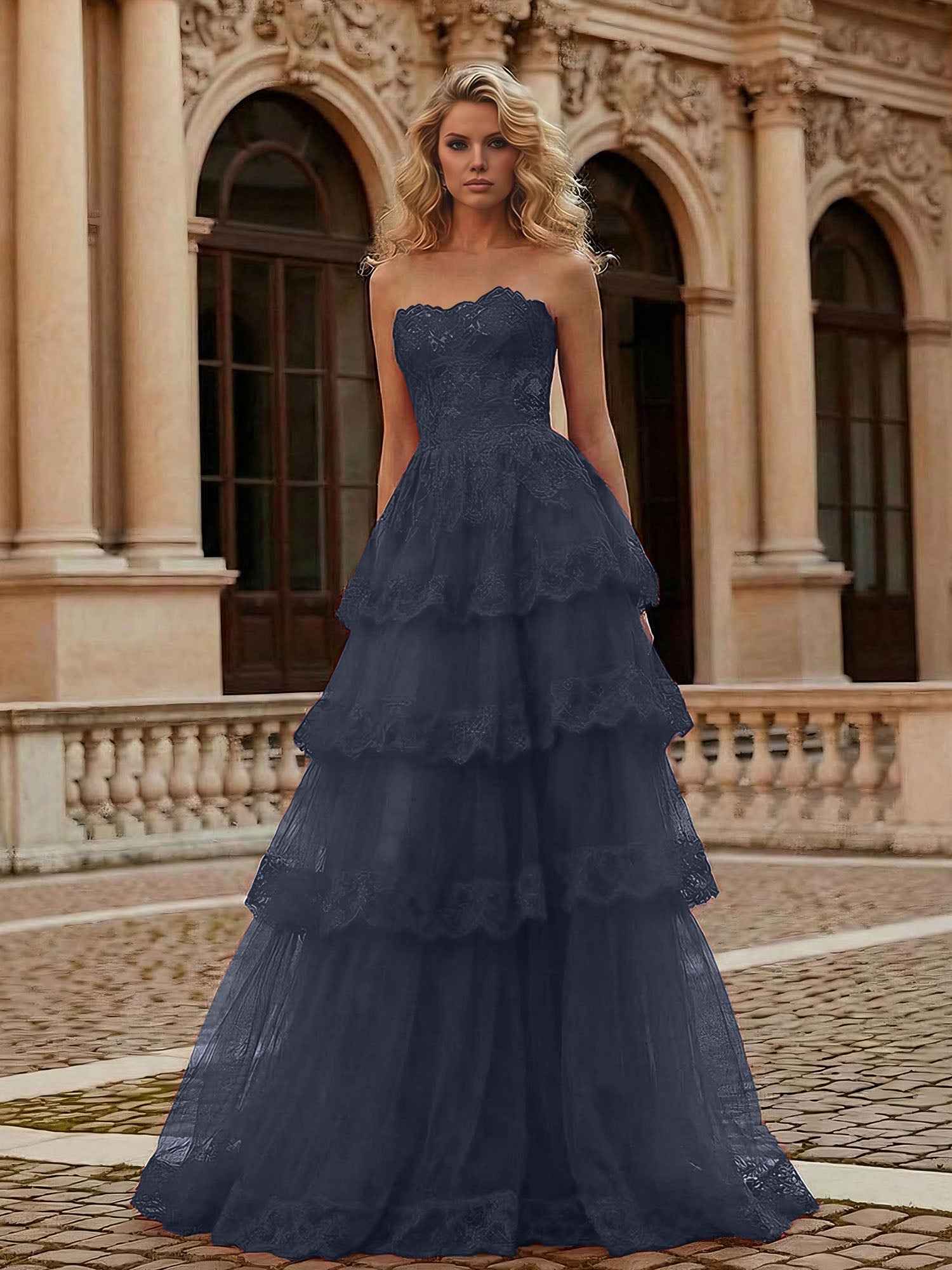 Red Tiered Tulle Strapless Lace Bodice A-Line Long Prom Dress