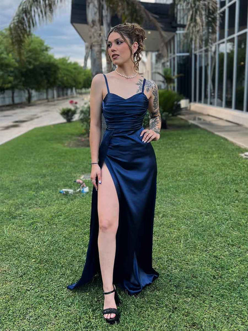 Navy Blue Ruched Satin Spaghetti Strap Long Prom Dress BMBRIDE