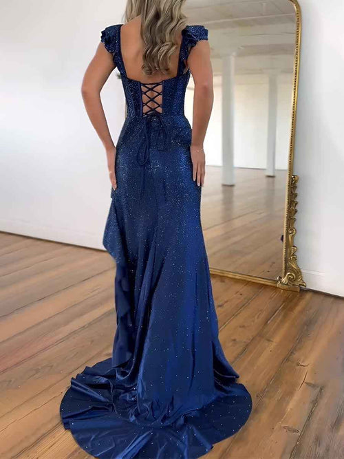 Navy Blue Shimmer Ruffle Long Corset Prom Dress with Slit BMBRIDE