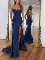 Navy Blue Strapless Sequin Prom Dress with Linear Beading BMBRIDE
