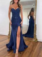 Navy Blue Strapless Sequin Prom Dress with Linear Beading BMBRIDE