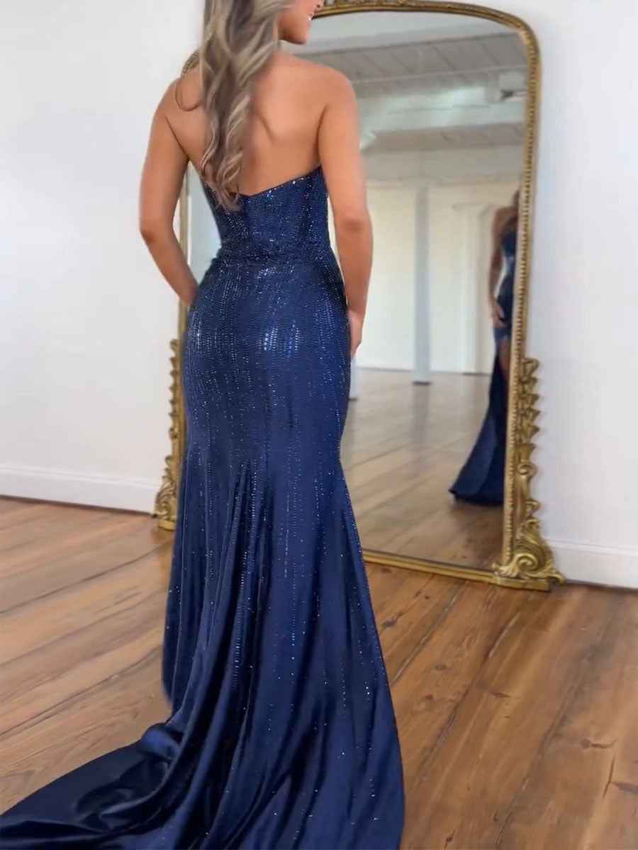 Navy Blue Strapless Sequin Prom Dress with Linear Beading BMBRIDE