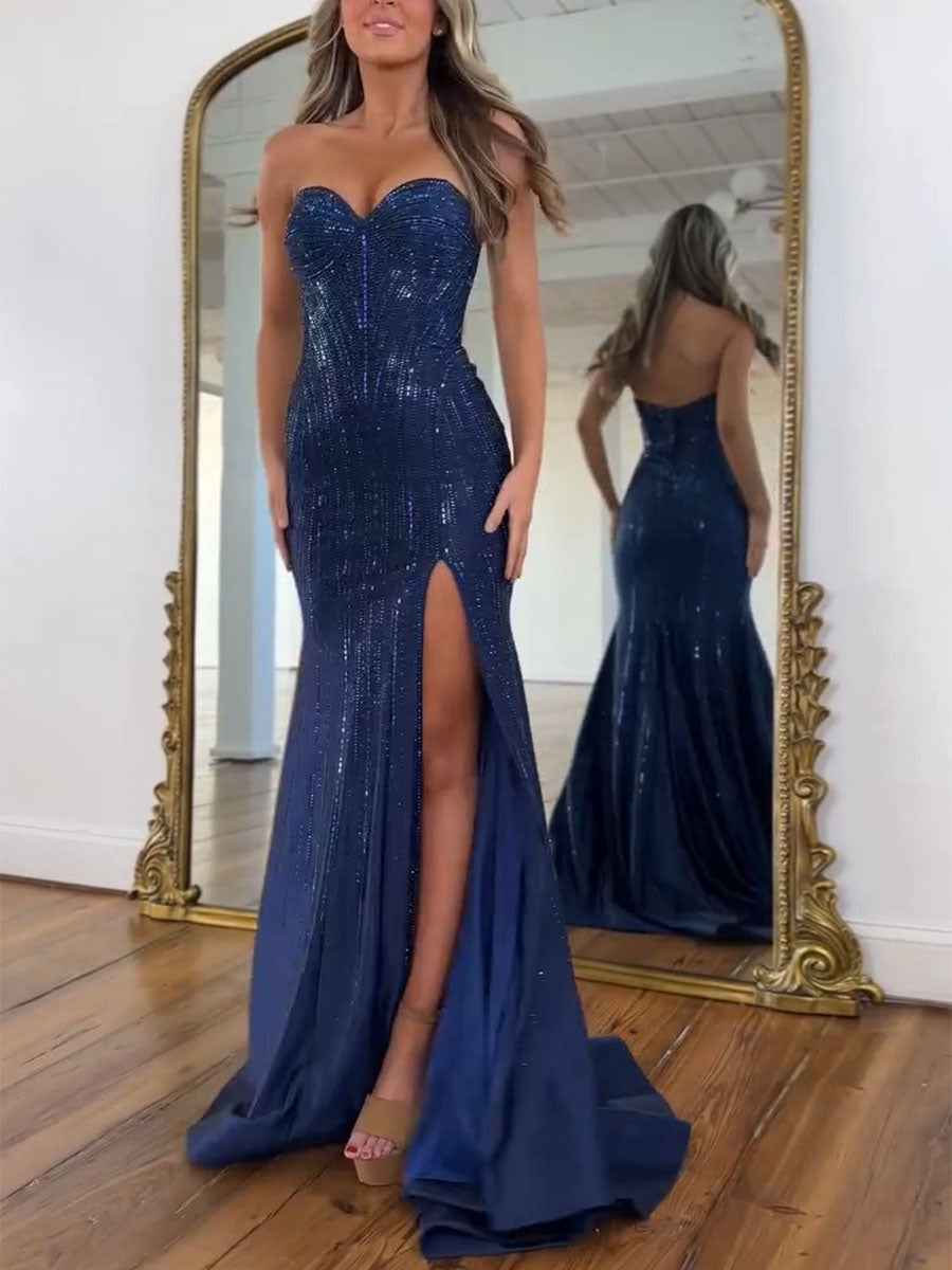 Navy Blue Strapless Sequin Prom Dress with Linear Beading BMBRIDE