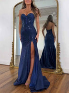 Navy Blue Strapless Sequin Prom Dress with Linear Beading BMBRIDE