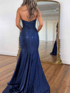 Navy Blue Strapless Sequin Prom Dress with Linear Beading BMBRIDE
